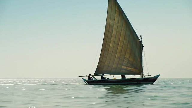 Traditional dhow sailboat on calm turquoise waters. Ancient sailing vessel with weathered beige triangular sail. Two figures aboard classic Arabian dhow at sea.