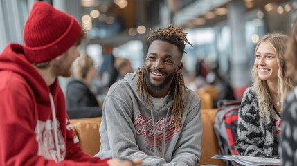 Fototapeta premium Students discussing school topics inside academic building, diverse group 