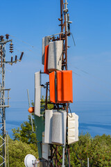 Telecommunication antennas and wireless communication antenna transmitter against the blue sky