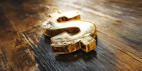 Shining Gold Dollar Sign Resting On Wooden Surface Closeup
