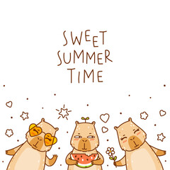 Cute сartoon capybaras with watermelon and sun glasses and flower isolated on white background - funny animals for Your happy summer greeting card design