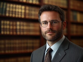 Successful Male Lawyer in Library Office. Confident Legal Professional in Suit Posing with Bookcase Backdrop - Emblem of Authority and Wisdom in Civil Law