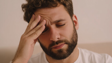male british 28 years old patient sitting with hand on forehead showing mild headache symptoms