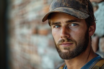 Rugged Beard and Burly Beauty. Industrial Setting Urban Portrait of a Handsome, Blue-Eyed, Working Man