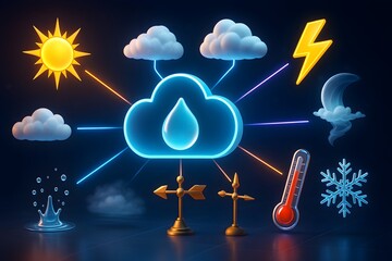 Digital Weather Illustration: A vibrant digital illustration depicts a central cloud icon connected to various weather elements, showcasing a sunny day, rain, and storm.