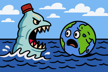 A ferocious plastic bottle with sharp teeth floats toward a frightened Earth ball – a striking warning about ocean pollution and our planet’s plastic crisis.