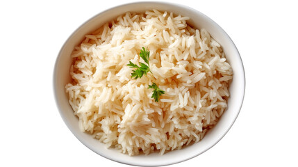 Bowl of Fluffy Cooked White Rice Garnished with Fresh Green Herbs on Transparent Background