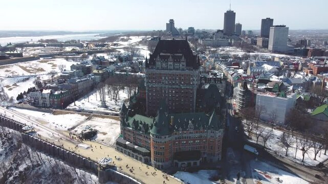 Drone View of Chateau Frontenac and Old Quebec City, Canada