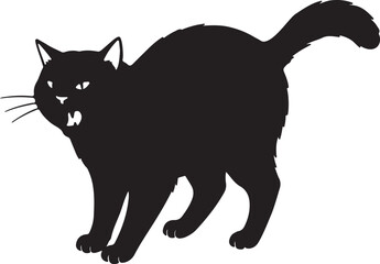 Aggressive black cat silhouette with arched back and open mouth halloween illustration