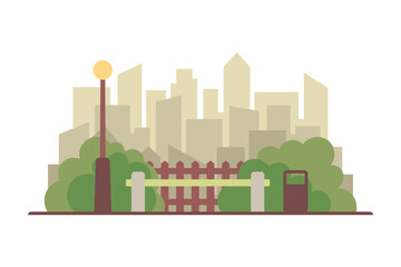 Cityscape, park. Colored silhouette. Front view. Vector simple flat graphic illustration. Isolated object on white background. Isolate.