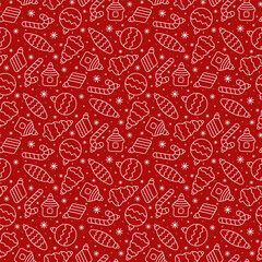 Small white different contour linear Christmas tree toys isolated on red background. Cute monochrome seamless pattern. Vector simple flat graphic illustration. Texture.