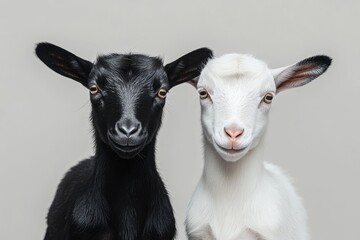 Obraz premium Young white and black goats standing together against a simple neutral background