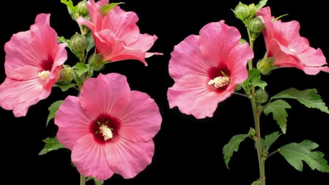 Time lapse footage of two pink cactus flowers growing blossom from bud to full blossom isolated on black background, 4k front view video, close up b roll shot