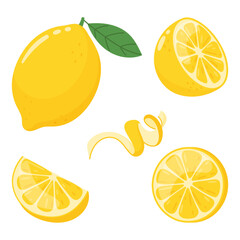 Lemons vector set, various lemons, slices and zest in simple flat style