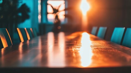 Warm Sunset Light Illuminating Wooden Table in Modern Workspace