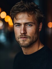 Expressive Male Portrait. Handsome Young Man in Urban Setting with Enigmatic Gaze and Trendy Haircut