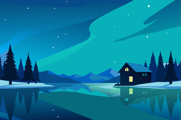 winter landscape with house and mountains