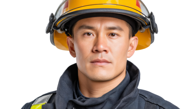 Portrait of a Focused Firefighter Wearing Protective Gear and Helmet on a Transparent Background