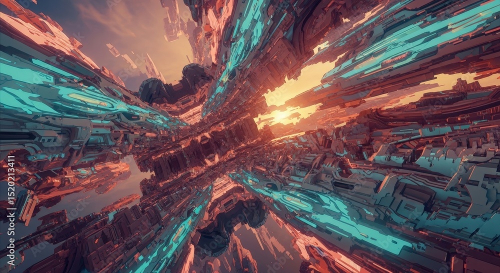 Poster futuristic abstract cityscape with intricate structures and vibrant colors, suitable for sci fi conc