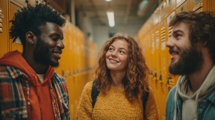 Obraz premium Multiethnic college students standing in hallway of university building, talking casually