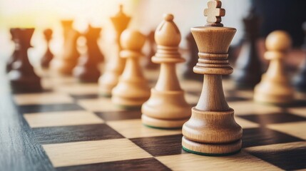 Wooden Chess Pieces on a Board with Warm Light Background