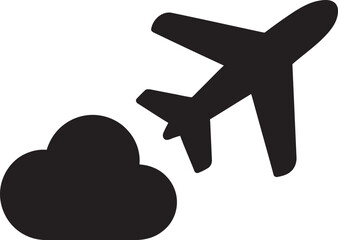 Simple black airplane flying near cloud isolated on white background vector illustration