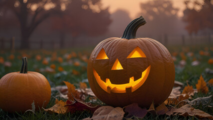 Close-up of a smiling jack-o'-lantern with fog creeping around it, autumn leaves in the foreground, soft orange and purple twilight sky.