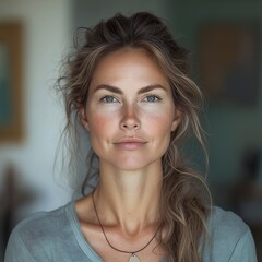 Portrait Art. Beautiful Woman with Natural Makeup and Long Hair in Studio Lighting