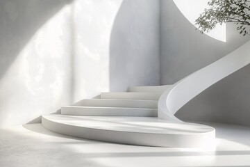 Modern Minimalist White Staircase Interior Design with Elegant Curved Steps and Natural Light