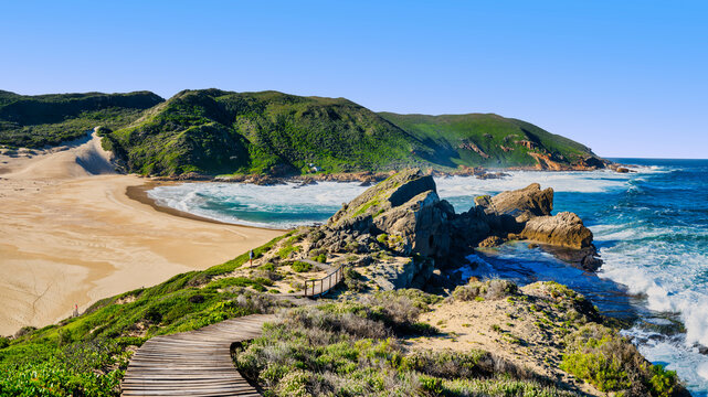 Southern tip of Robberg Peninsula: rugged cliffs, lush fynbos, and walkway, Plettenberg Bay, South Africa