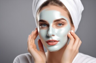 Beautiful Young Girl Wearing Face Mask. A woman applies an anti-wrinkle cream to her skin. Commercial shooting for advertising a cosmetic product. Beauty and fashion concept.