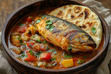 Delicious Fish Stew Recipe. Traditional Comfort Food with Fresh Vegetables and Herbs Served in Rustic Style