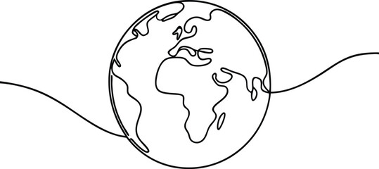 One line globe, earth planet outline, Continuous one line art drawing of earth planet, Globe, geography vector outline, Single line illustration of world map 