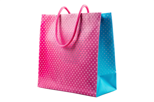 Pink and blue polka dot shopping bag isolated on a white background