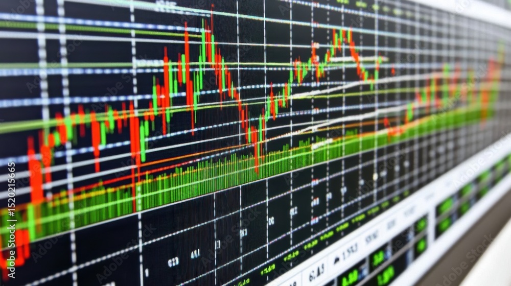 Poster stock market data visualization with colorful graphs and charts