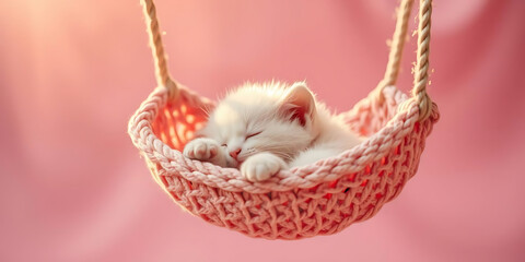  White Kitten Sleeping in a Pink Knit Hammock