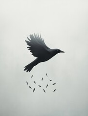 Black Bird Flying With Falling Feathers Minimalist Fine Art

