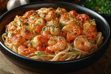 Delicious Italian Shrimp Pasta - A Savory and Colorful Seafood Dish with Fresh Tomato and Herbal Garlic Sauce