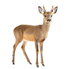 Fototapeta premium Young buck stands confidently in a light background showcasing its developing antlers and graceful stance in a serene setting