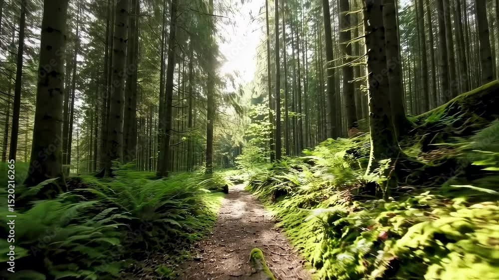 Aufkleber sunlight casts rays through towering forest trees, illuminating a lush path lined with ferns. the se