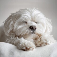 Adorable White Fluffy Dog Sleeping Peacefully - Cute Domestic Canine Portrait