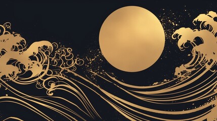 満月と波の和柄背景