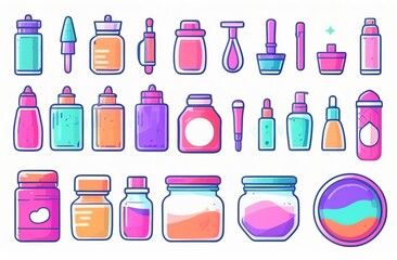 Icon set. Jars of Cosmetic cream, bottles of serums and toners. Eyeshadow and blush palettes with brushes. Badges for social network, online store of decorative and skin care cosmetics.