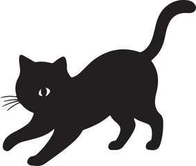 Playful black cat silhouette with reaching paw isolated on white background