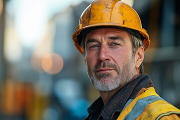 Industrial Man with Safety Helmet. Close-Up Portrait of a Skilled Construction Worker in Urban Setting