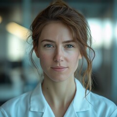 Young Female Physician Portrait in Clinical Setting. Focused and Confident Healthcare Professional in Lab Coat