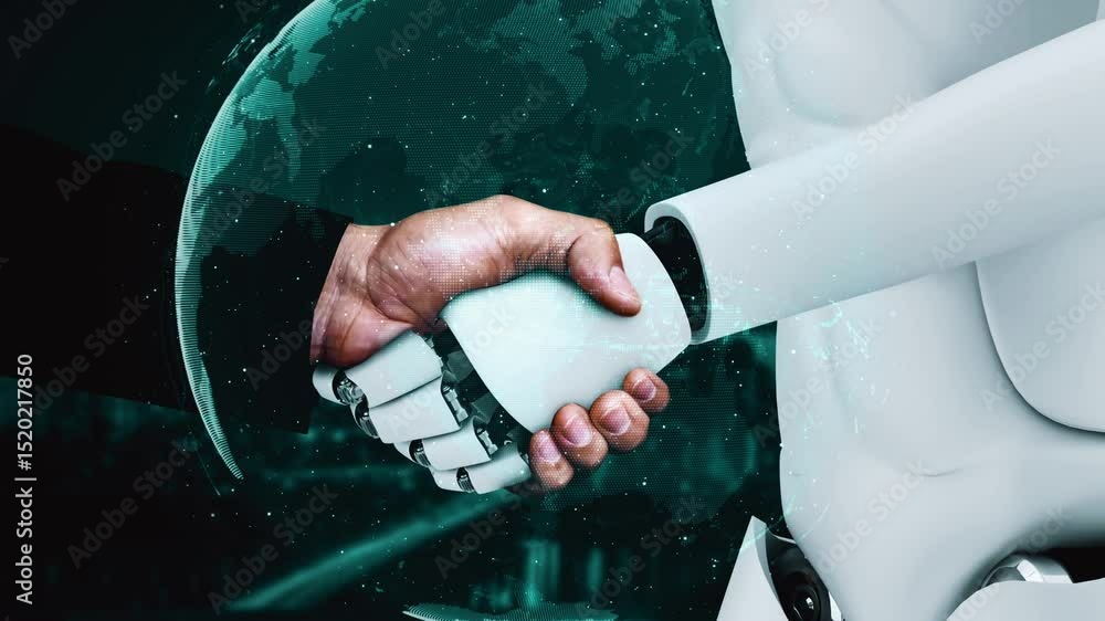 Poster 3d rendering hominoid robot handshake with stock market trading chart showing buy and sell decision 