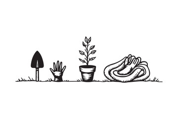 Vintage Gardening Tools and Plant Illustration Hand Drawn Garden Vector Art