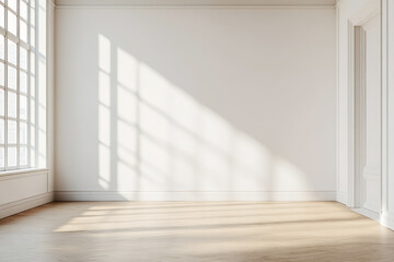 Fototapeta premium Empty sunlit room with large window casting shadows on white walls and wooden floor