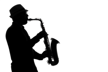 Saxophonist silhouette playing saxophone isolated on a white background png ai generated